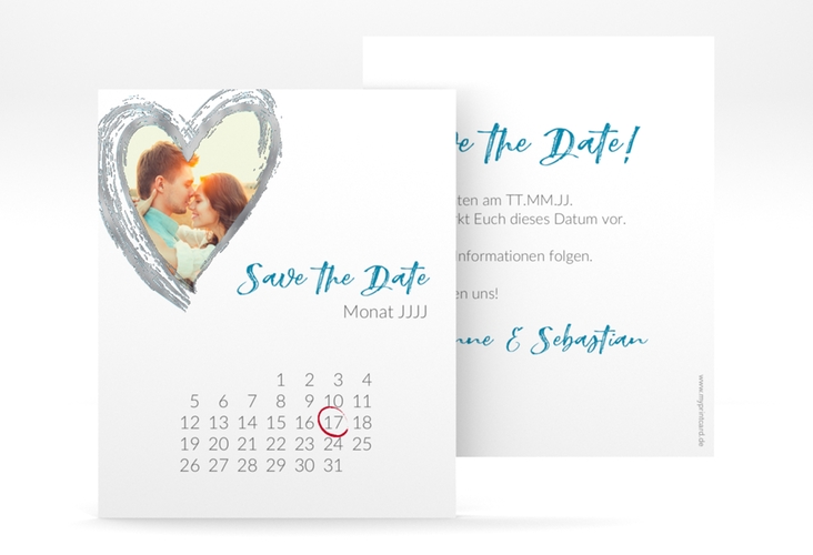 Save the Date-Kalenderblatt Liebe Kalenderblatt-Karte tuerkis silber