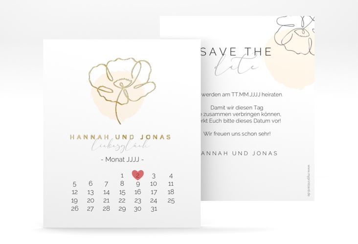 Save the Date-Kalenderblatt Flowerline Kalenderblatt-Karte apricot gold