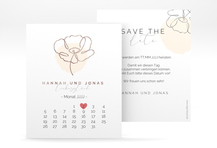 Save the Date-Kalenderblatt Flowerline Kalenderblatt-Karte apricot rosegold