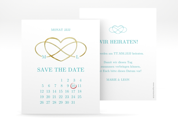 Save the Date-Kalenderblatt Infinity Kalenderblatt-Karte tuerkis gold