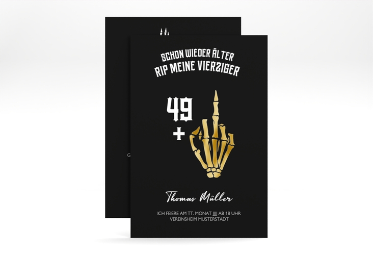 Einladung 50. Geburtstag Alter Knochen A6 Karte hoch schwarz gold