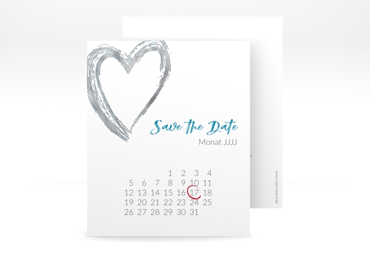 Save the Date-Kalenderblatt Liebe Kalenderblatt-Karte tuerkis silber