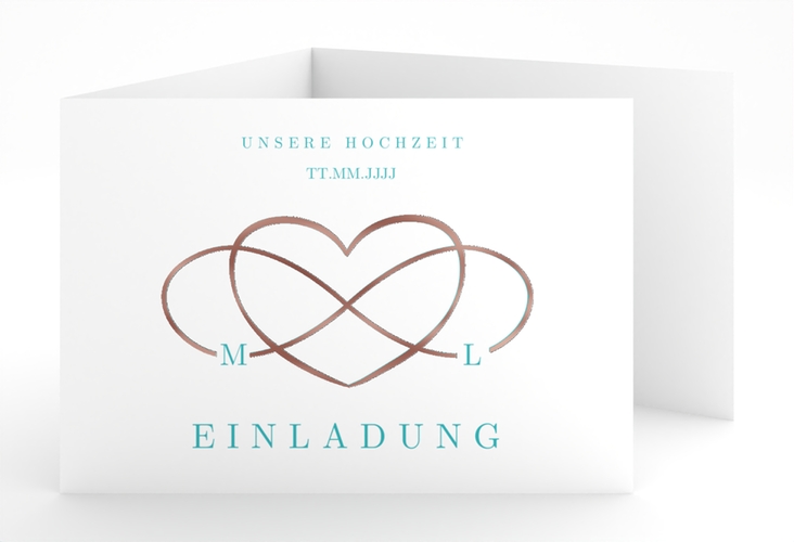 Hochzeitseinladung Infinity A6 Doppel-Klappkarte tuerkis rosegold