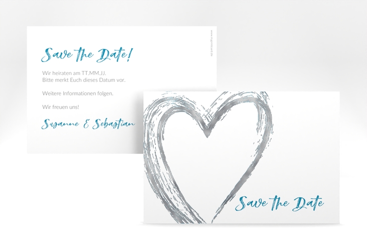 Save the Date-Karte Liebe A6 Karte quer tuerkis silber
