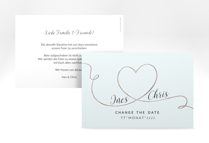 Change the Date-Karte Hochzeit Dolce A6 Karte quer tuerkis rosegold