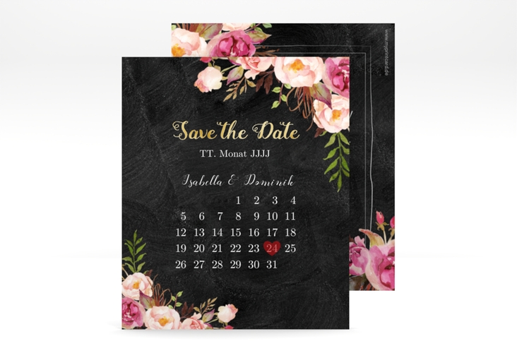 Save the Date-Kalenderblatt Flowers Kalenderblatt-Karte schwarz gold mit bunten Aquarell-Blumen