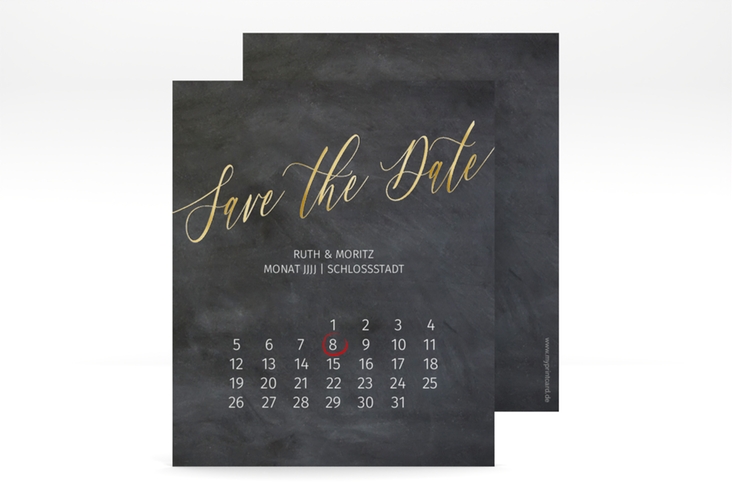 Save the Date-Kalenderblatt Chalkboard Kalenderblatt-Karte schwarz gold mit Folie
