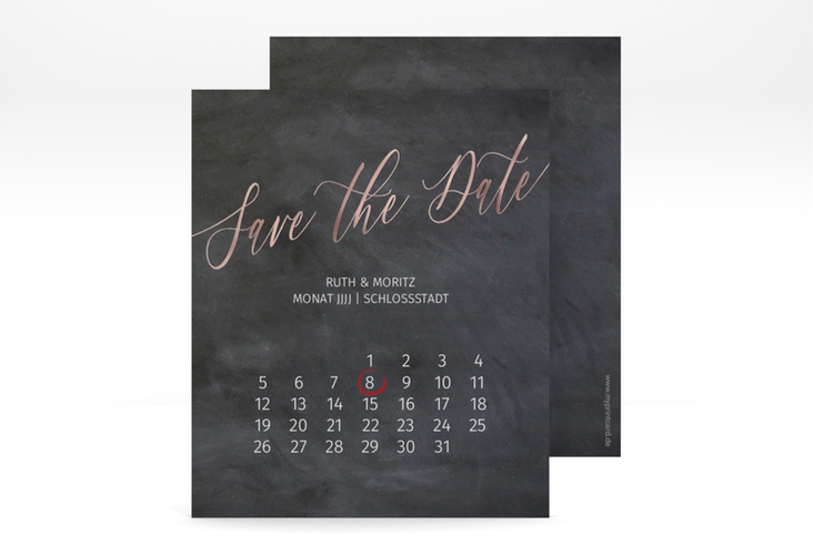 Save the Date-Kalenderblatt Chalkboard Kalenderblatt-Karte schwarz rosegold mit Folie