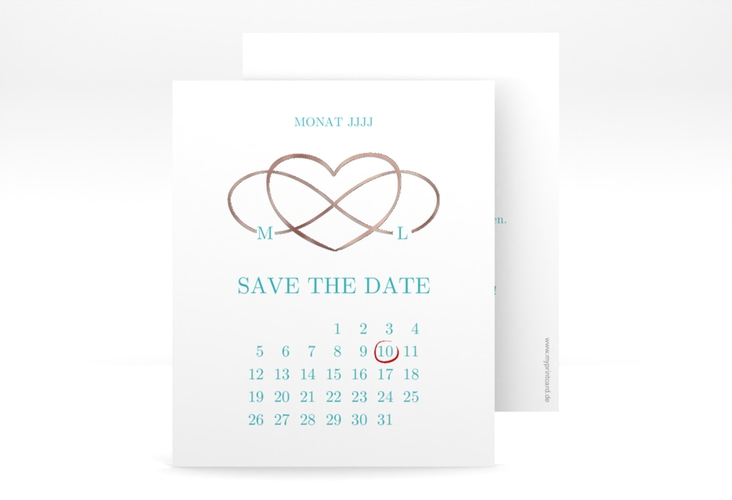 Save the Date-Kalenderblatt Infinity Kalenderblatt-Karte tuerkis rosegold