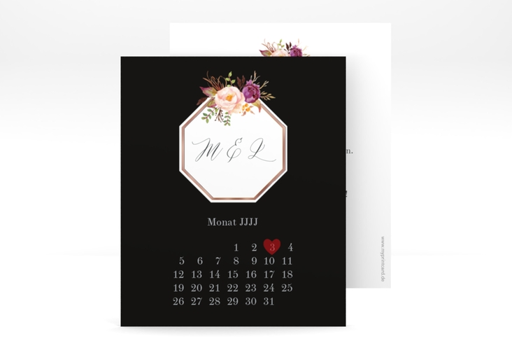 Save the Date-Kalenderblatt Prachtvoll Kalenderblatt-Karte schwarz rosegold