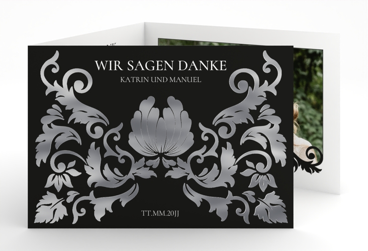 Danksagungskarte Royal A6 Doppel-Klappkarte schwarz silber mit barockem Blumen-Ornament