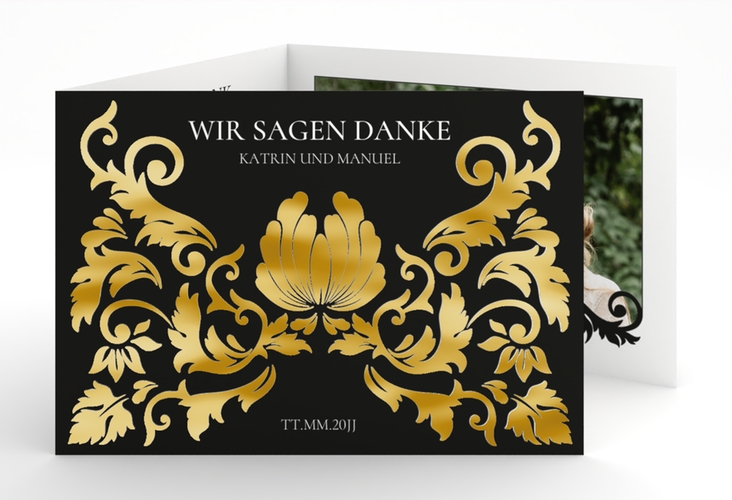 Danksagungskarte Royal A6 Doppel-Klappkarte schwarz gold mit barockem Blumen-Ornament