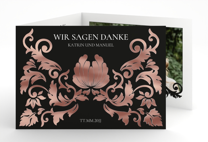 Danksagungskarte Royal A6 Doppel-Klappkarte schwarz rosegold mit barockem Blumen-Ornament