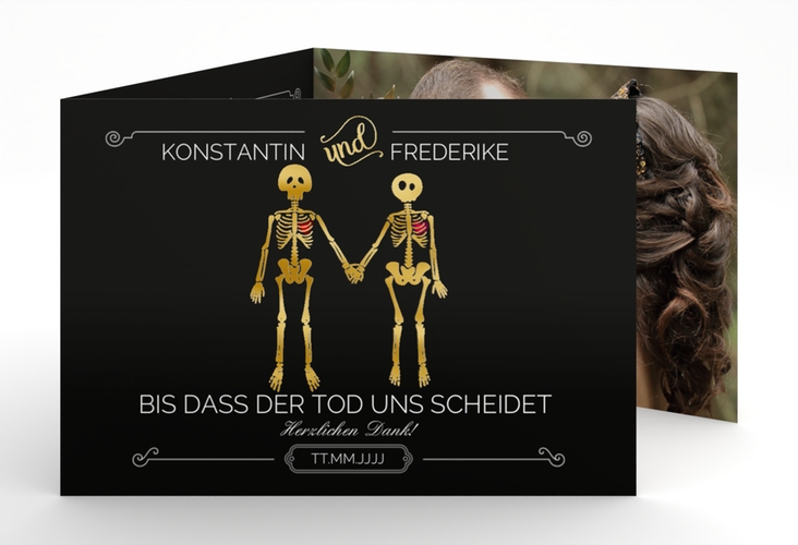 Dankeskarte Hochzeit Bones A6 Doppel-Klappkarte schwarz gold