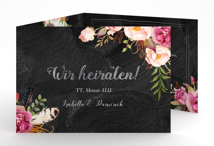 Hochzeitseinladung Flowers A6 Doppel-Klappkarte schwarz silber mit bunten Aquarell-Blumen