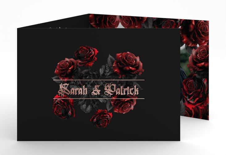 Hochzeitseinladung Gothic Rose A6 Doppel-Klappkarte schwarz rosegold