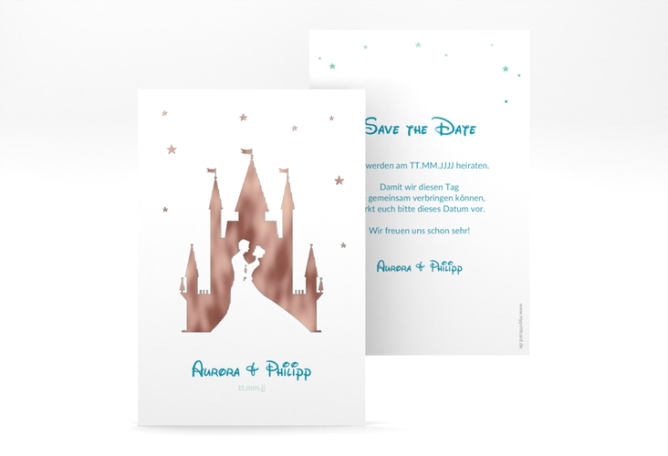 Save the Date-Karte Castle A6 Karte hoch tuerkis rosegold