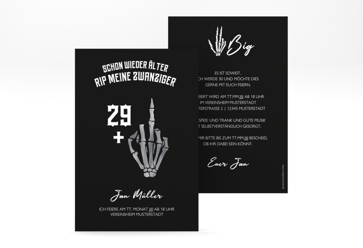 Einladung 30. Geburtstag Alter Knochen A6 Karte hoch schwarz silber