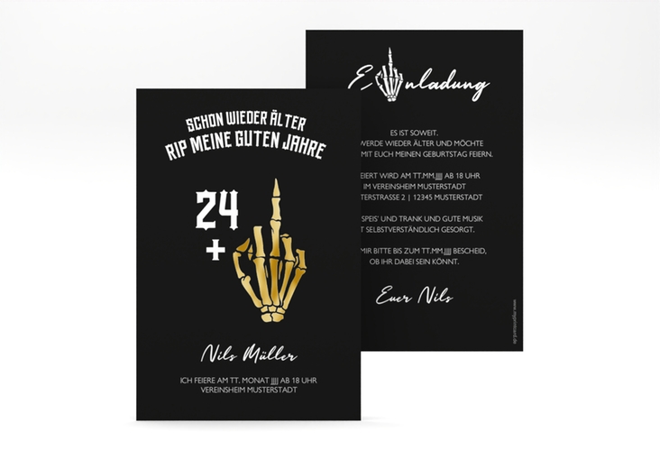 Einladung Geburtstag Alter Knochen A6 Karte hoch schwarz gold