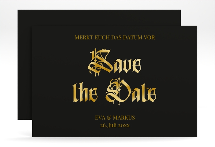 Save the Date-Karte Wednesday A6 Karte quer schwarz gold mit geometrischem Herz und Rosen in Aquarell