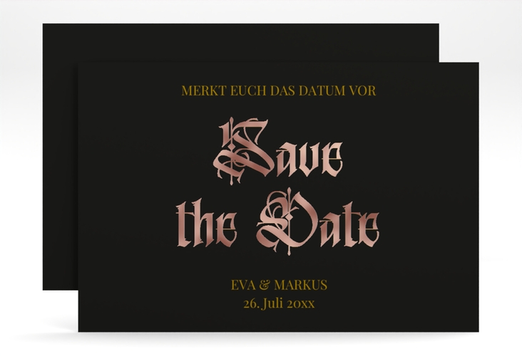 Save the Date-Karte Wednesday A6 Karte quer schwarz rosegold mit geometrischem Herz und Rosen in Aquarell