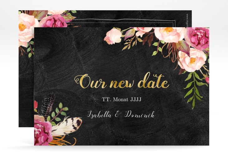 Change the Date-Karte Flowers A6 Karte quer schwarz gold mit bunten Aquarell-Blumen