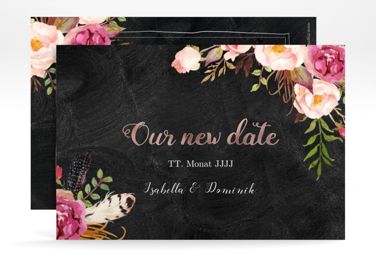 Change the Date-Karte Flowers A6 Karte quer schwarz rosegold mit bunten Aquarell-Blumen