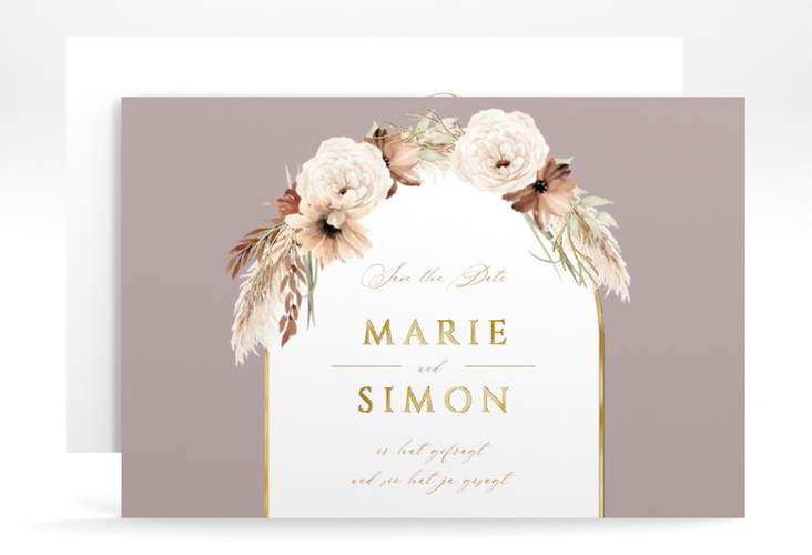 Save the Date-Karte Blumenbogen A6 Karte quer flieder gold