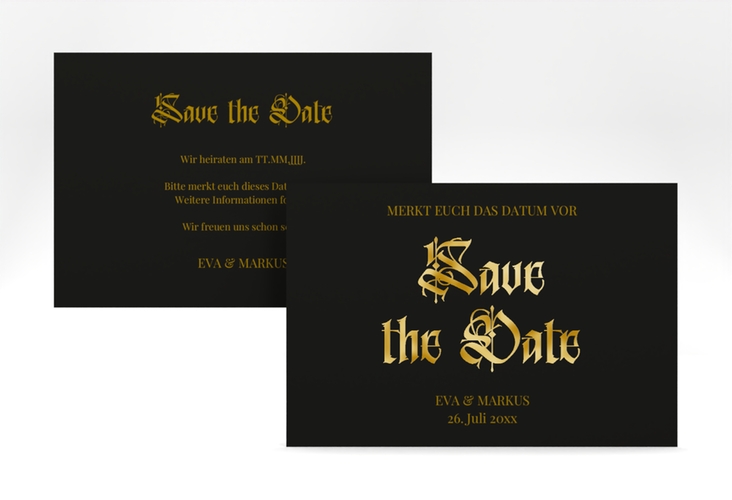 Save the Date-Karte Wednesday A6 Karte quer schwarz gold mit geometrischem Herz und Rosen in Aquarell