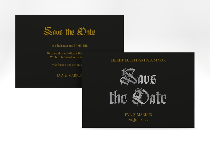 Save the Date-Karte Wednesday A6 Karte quer schwarz silber mit geometrischem Herz und Rosen in Aquarell