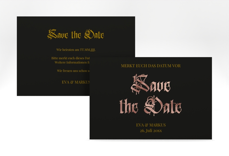 Save the Date-Karte Wednesday A6 Karte quer schwarz rosegold mit geometrischem Herz und Rosen in Aquarell