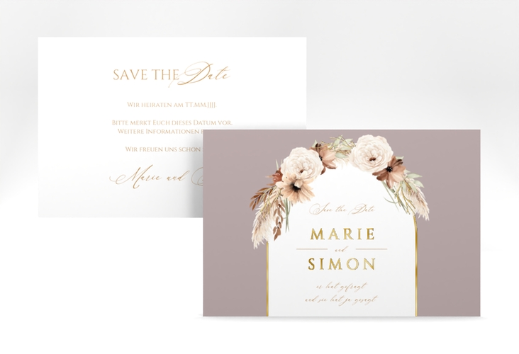 Save the Date-Karte Blumenbogen A6 Karte quer flieder gold