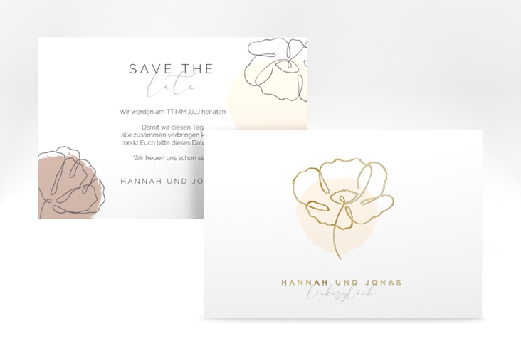 Save the Date-Karte Flowerline A6 Karte quer apricot gold