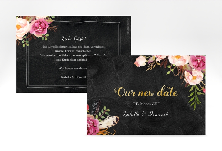 Change the Date-Karte Flowers A6 Karte quer schwarz gold mit bunten Aquarell-Blumen