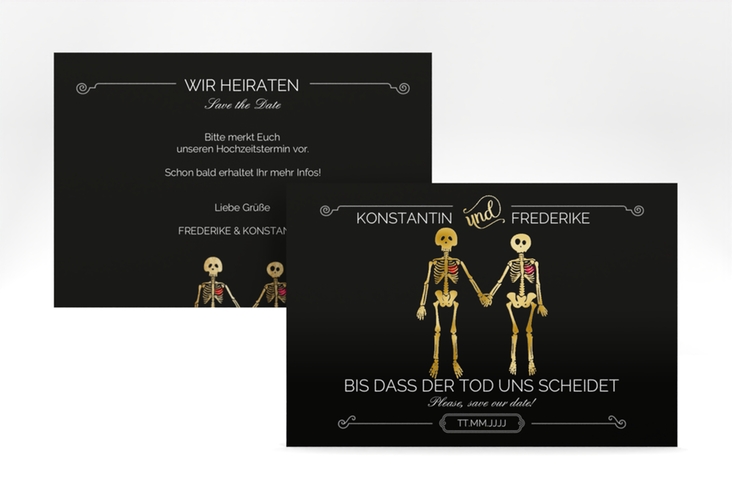 Save the Date-Karte Bones A6 Karte quer schwarz gold lustig mit Skelett-Brautpaar