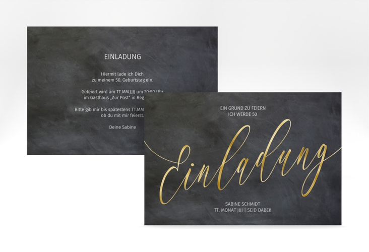 Einladung 50. Geburtstag Board A6 Karte quer schwarz gold