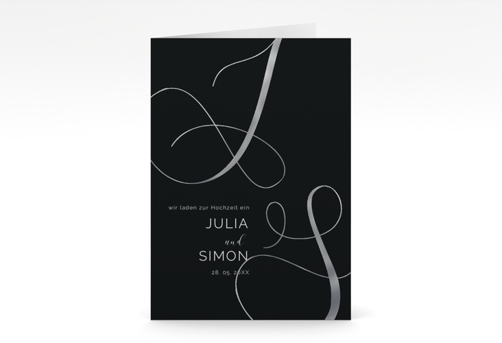 Hochzeitseinladung Eheschließung A6 Klappkarte hoch schwarz silber mit Gräsern und Trockenblumen für Boho-Hochzeit