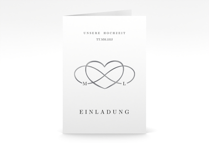 Einladungskarte Hochzeit Infinity A6 Klappkarte hoch schwarz silber