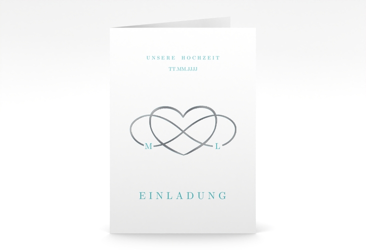 Einladungskarte Hochzeit Infinity A6 Klappkarte hoch tuerkis silber