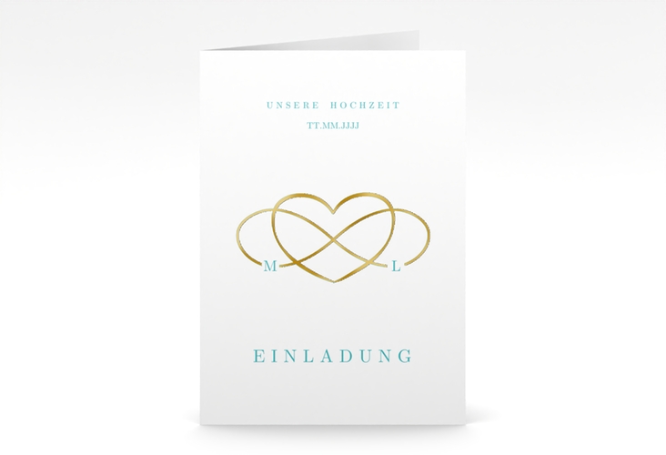 Einladungskarte Hochzeit Infinity A6 Klappkarte hoch tuerkis gold