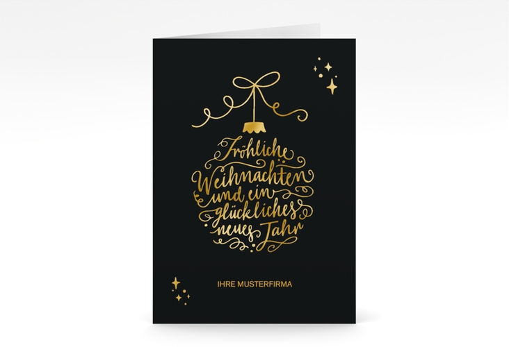 Business-Weihnachtskarte Lichterglanz A6 Klappkarte hoch schwarz gold für Firmen, mit Weihnachtskugel-Kalligrafie