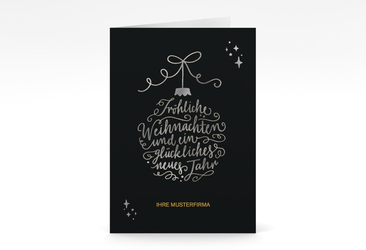 Business-Weihnachtskarte Lichterglanz A6 Klappkarte hoch schwarz silber für Firmen, mit Weihnachtskugel-Kalligrafie