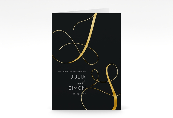 Hochzeitseinladung Eheschließung A6 Klappkarte hoch schwarz gold mit Gräsern und Trockenblumen für Boho-Hochzeit