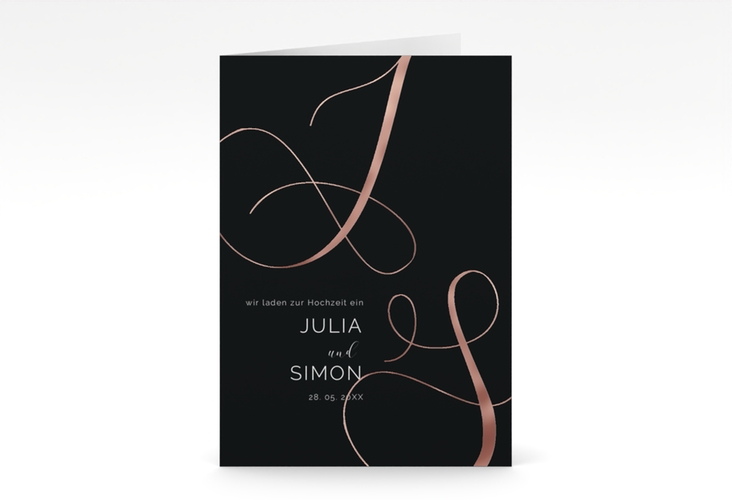 Hochzeitseinladung Eheschließung A6 Klappkarte hoch schwarz rosegold mit Gräsern und Trockenblumen für Boho-Hochzeit