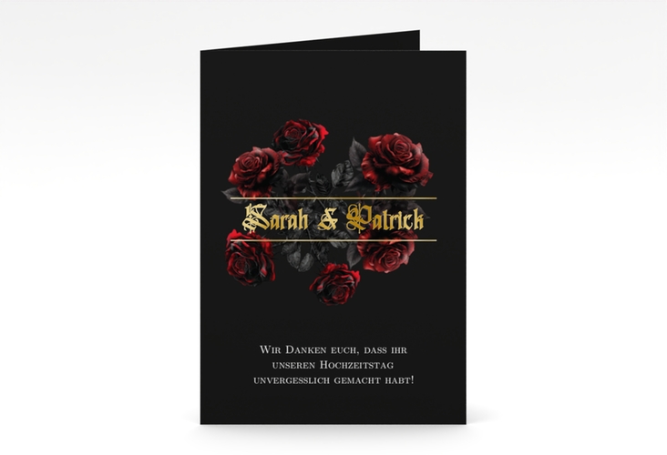 Danksagungskarte Hochzeit Gothic Rose A6 Klappkarte hoch schwarz gold mit Gräsern und Trockenblumen für Boho-Hochzeit