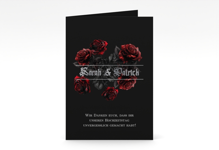 Danksagungskarte Hochzeit Gothic Rose A6 Klappkarte hoch schwarz silber mit Gräsern und Trockenblumen für Boho-Hochzeit