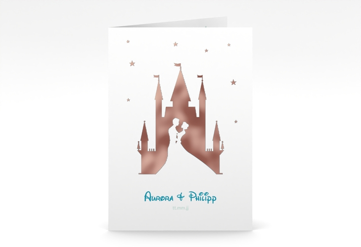Einladungskarte Hochzeit Castle A6 Klappkarte hoch tuerkis rosegold