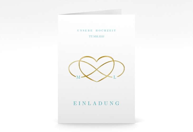 Einladungskarte Hochzeit Infinity A6 Klappkarte hoch tuerkis gold