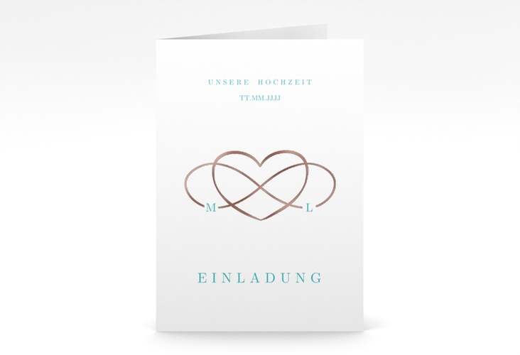 Einladungskarte Hochzeit Infinity A6 Klappkarte hoch tuerkis rosegold
