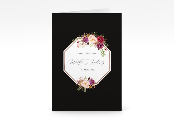 Einladungskarte Hochzeit Prachtvoll A6 Klappkarte hoch schwarz rosegold